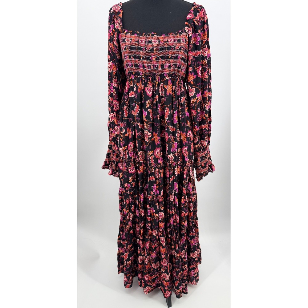 Free People Maxi Dress Women XL Black Floral Smocked Boho Tiered OBI236775